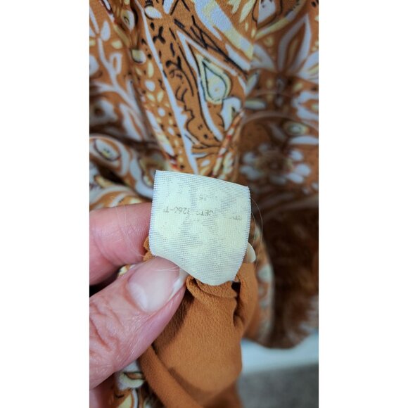 Melloday Blouse Women XL Smocked Paisley Peasant Elastic Sleeves Mustard & Ivory - Picture 13 of 14